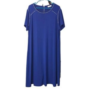 Calvin Klein Blue Studded Rivet Beaded Metal Detail Accent Knee Dress 20W